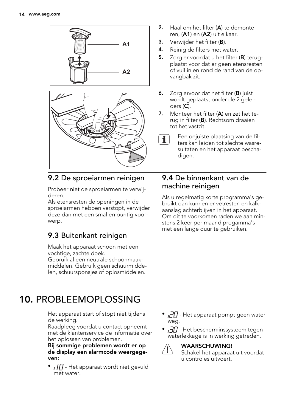 Probleemoplossing, 2 de sproeiarmen reinigen, 3 buitenkant reinigen | 4 de binnenkant van de machine reinigen | AEG F55602VI0P User Manual | Page 14 / 68