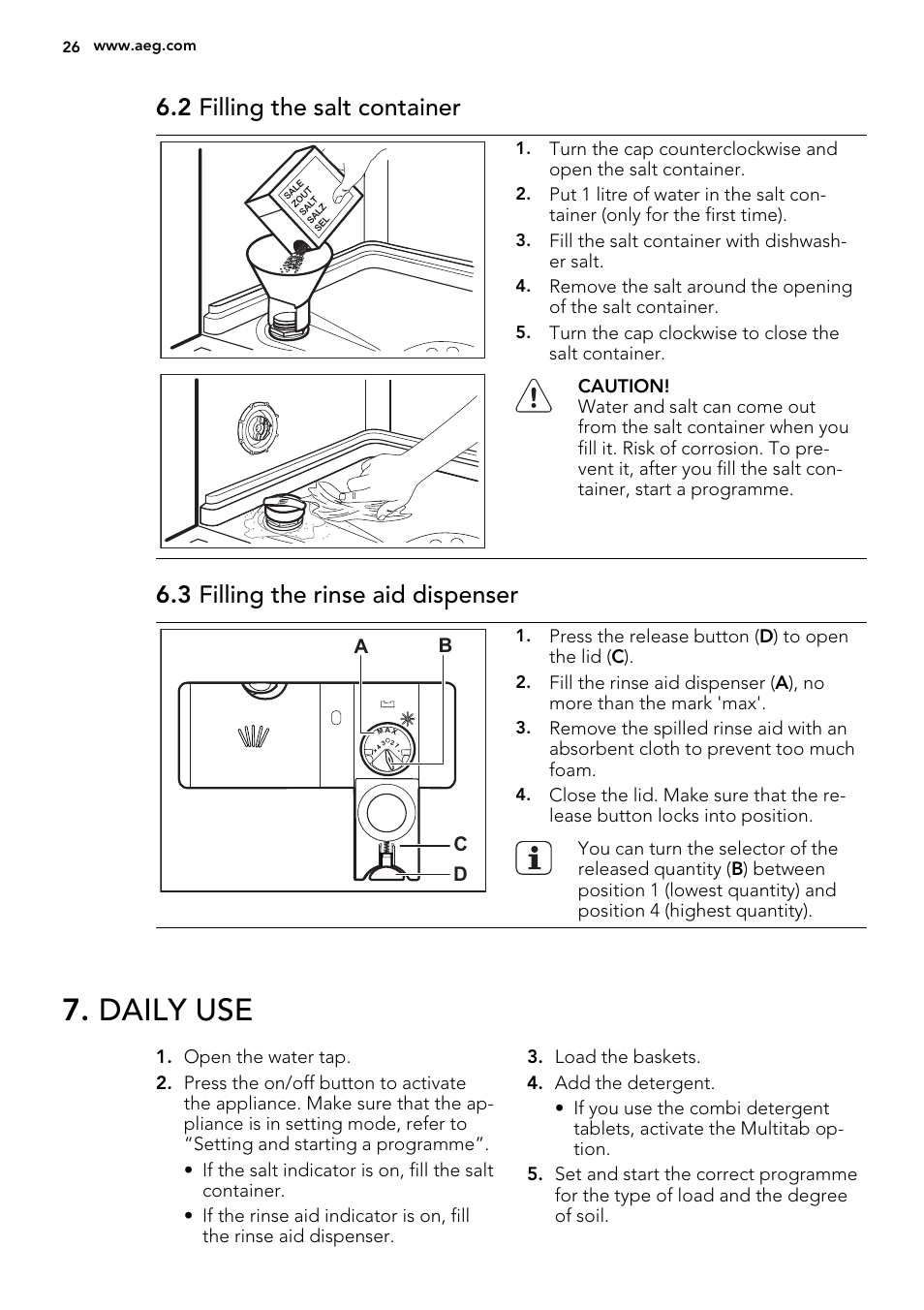 Daily use, 2 filling the salt container, 3 filling the rinse aid dispenser | AEG F55602VI0P User Manual | Page 26 / 68