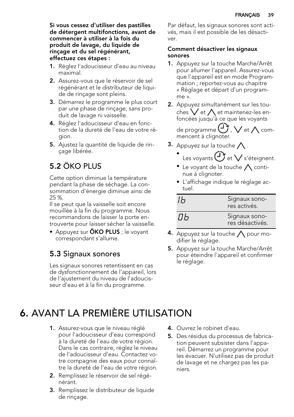 Avant la première utilisation, 2 öko plus, 3 signaux sonores | AEG F55602VI0P User Manual | Page 39 / 68