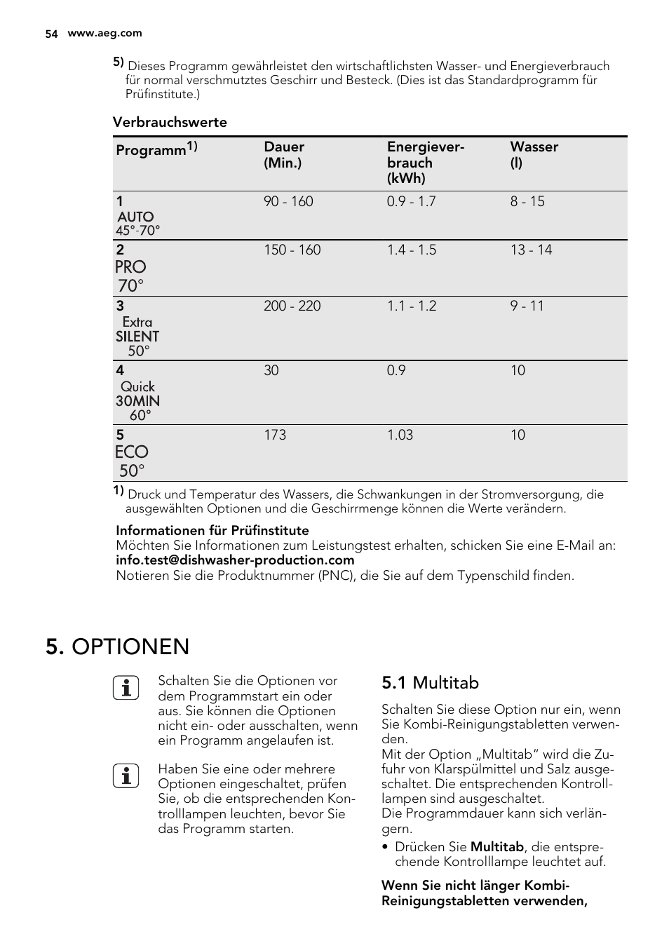 Optionen, 1 multitab | AEG F55602VI0P User Manual | Page 54 / 68