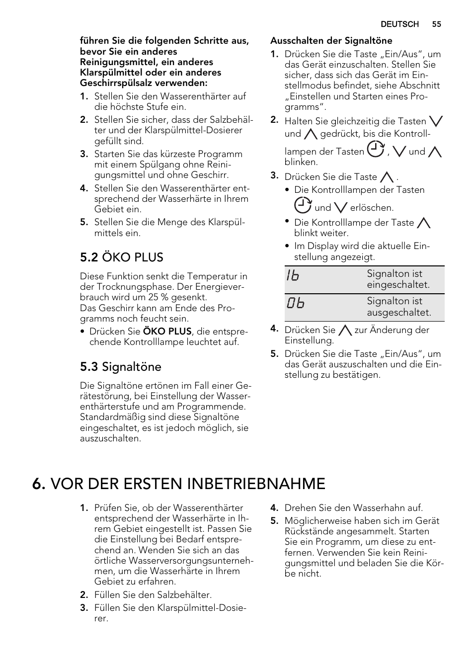 Vor der ersten inbetriebnahme, 2 öko plus, 3 signaltöne | AEG F55602VI0P User Manual | Page 55 / 68