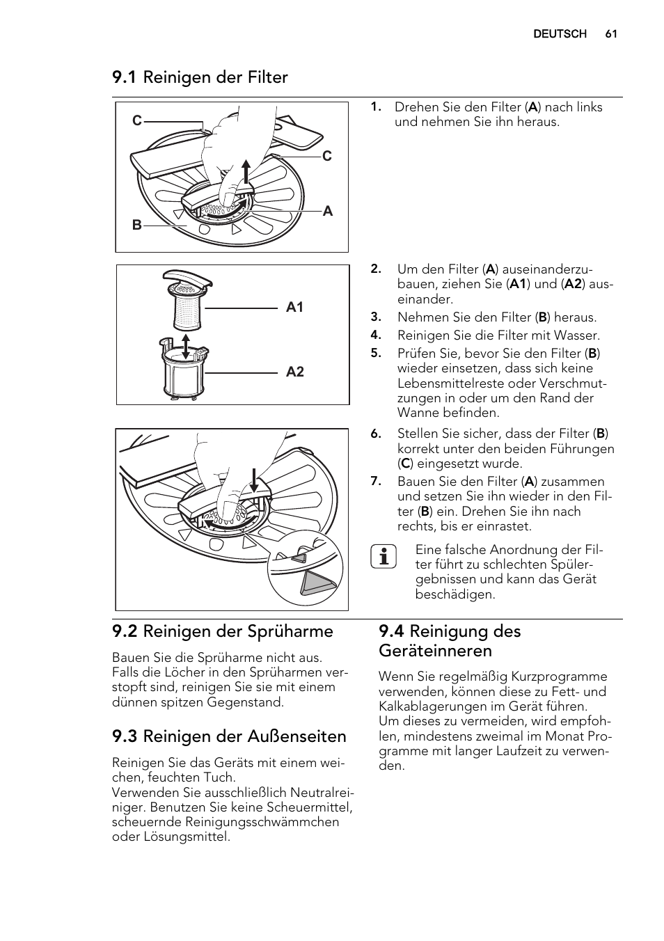 1 reinigen der filter, 2 reinigen der sprüharme, 3 reinigen der außenseiten | 4 reinigung des geräteinneren | AEG F55602VI0P User Manual | Page 61 / 68