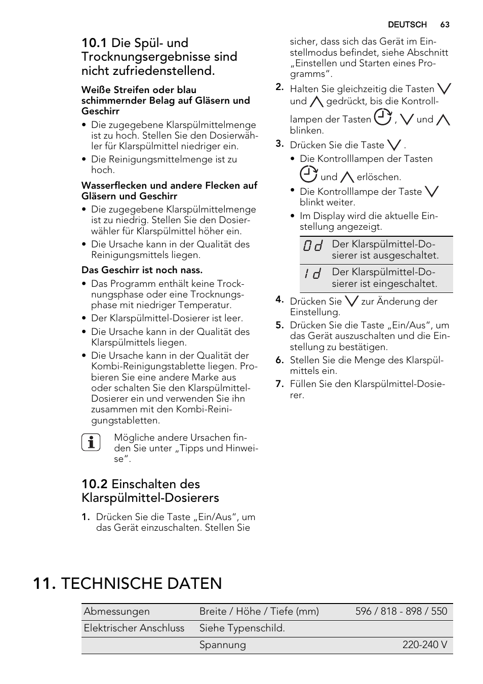 Technische daten, 2 einschalten des klarspülmittel-dosierers | AEG F55602VI0P User Manual | Page 63 / 68