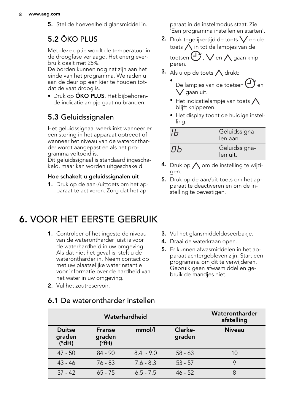 Voor het eerste gebruik, 2 öko plus, 3 geluidssignalen | 1 de waterontharder instellen | AEG F55602VI0P User Manual | Page 8 / 68