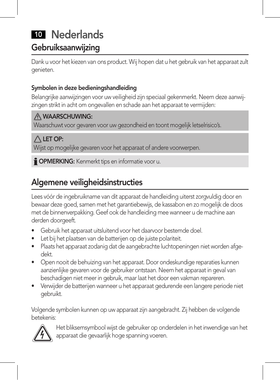 Nederlands, Gebruiksaanwijzing, Algemene veiligheidsinstructies | AEG DR 4135 User Manual | Page 10 / 50