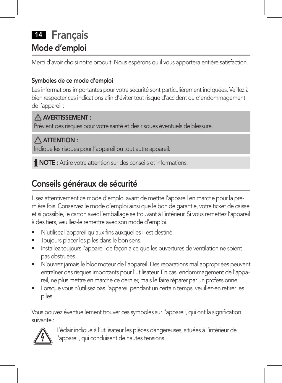 Français, Mode d’emploi, Conseils généraux de sécurité | AEG DR 4135 User Manual | Page 14 / 50
