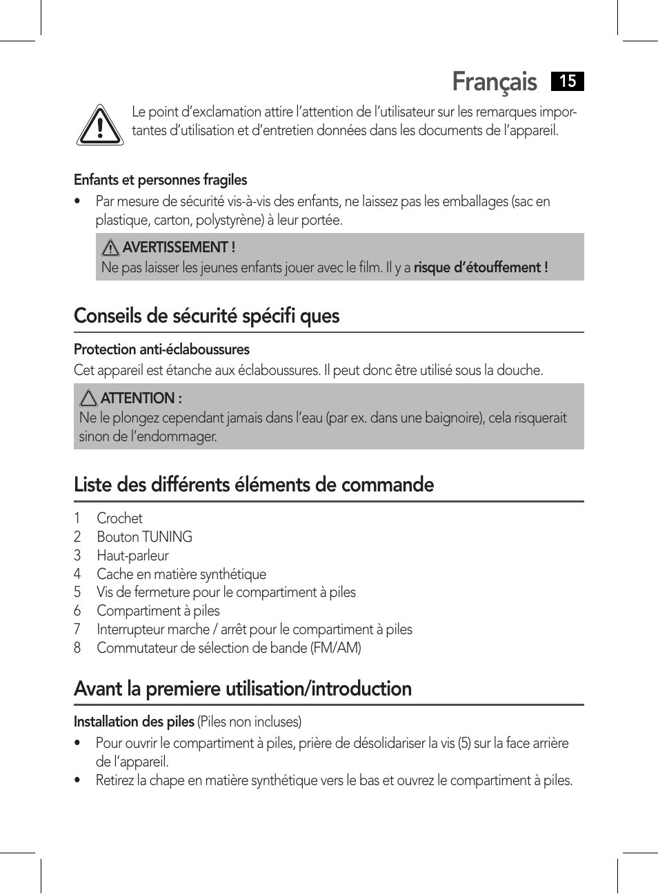 Français, Conseils de sécurité spécifi ques, Liste des différents éléments de commande | Avant la premiere utilisation/introduction | AEG DR 4135 User Manual | Page 15 / 50