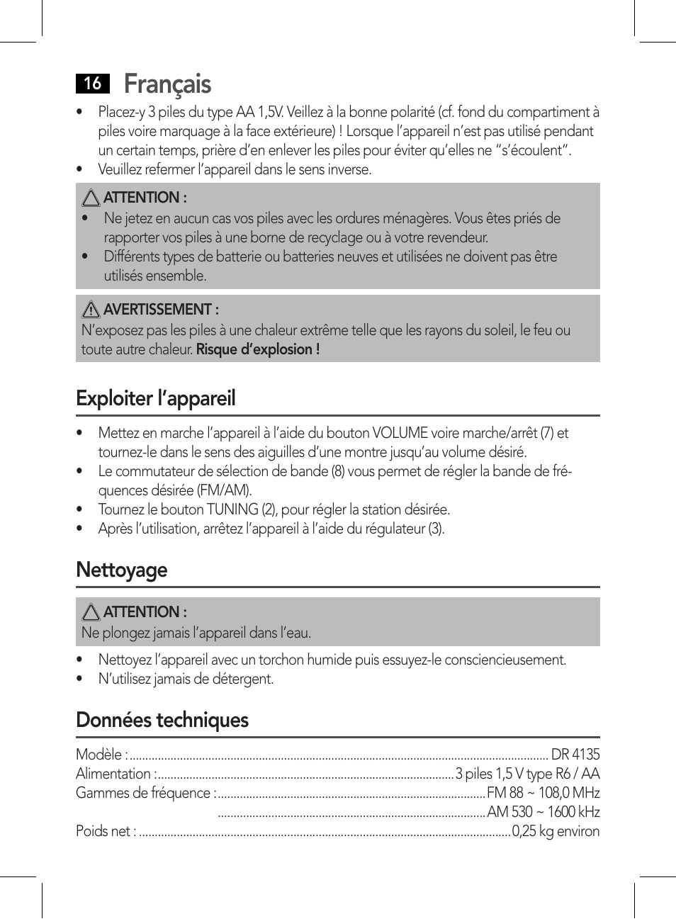 Français, Exploiter l’appareil, Nettoyage | Données techniques | AEG DR 4135 User Manual | Page 16 / 50