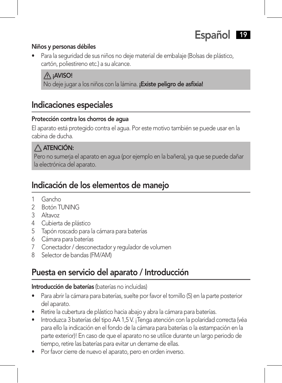 Español, Indicaciones especiales, Indicación de los elementos de manejo | Puesta en servicio del aparato / introducción | AEG DR 4135 User Manual | Page 19 / 50