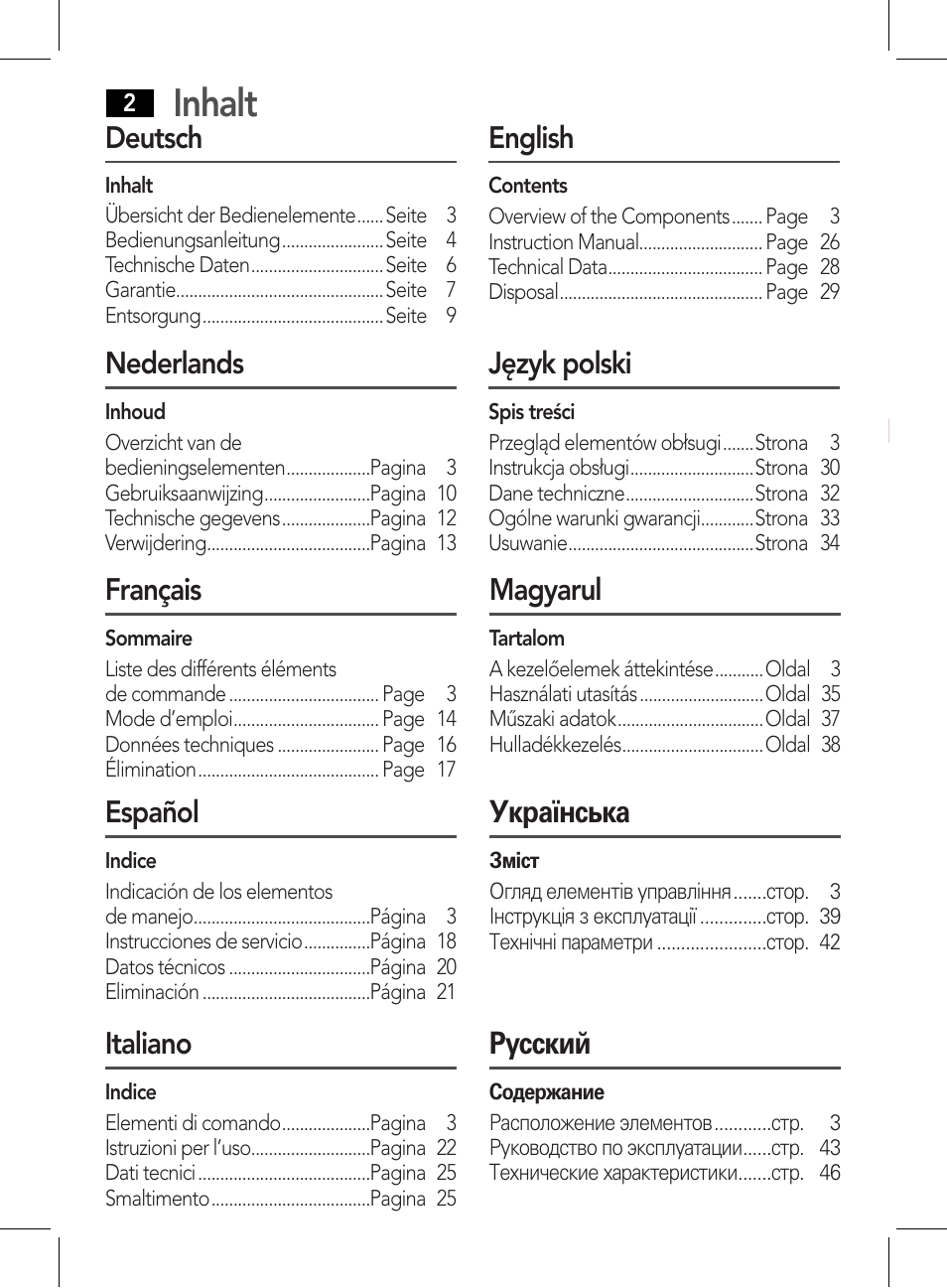 Inhalt, Deutsch, Nederlands | Français, Español, Italiano, Magyarul, Українська, Русский, English | AEG DR 4135 User Manual | Page 2 / 50
