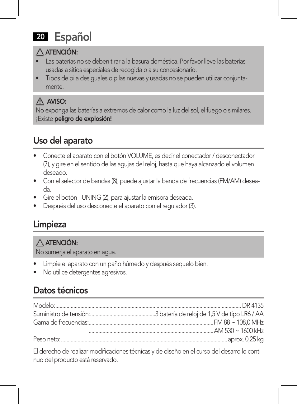 Español, Uso del aparato, Limpieza | Datos técnicos | AEG DR 4135 User Manual | Page 20 / 50