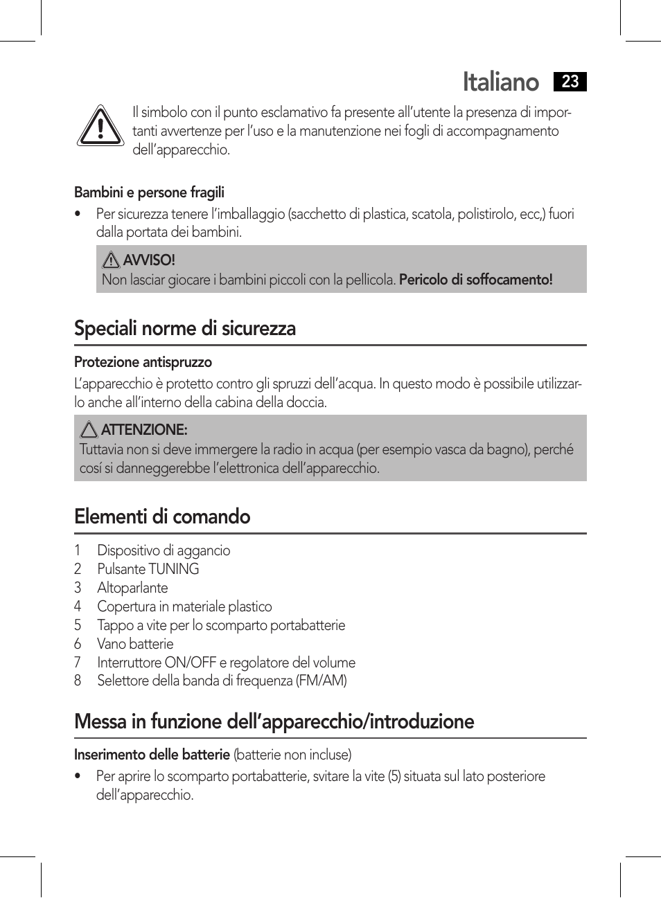 Italiano, Speciali norme di sicurezza, Elementi di comando | Messa in funzione dell’apparecchio/introduzione | AEG DR 4135 User Manual | Page 23 / 50
