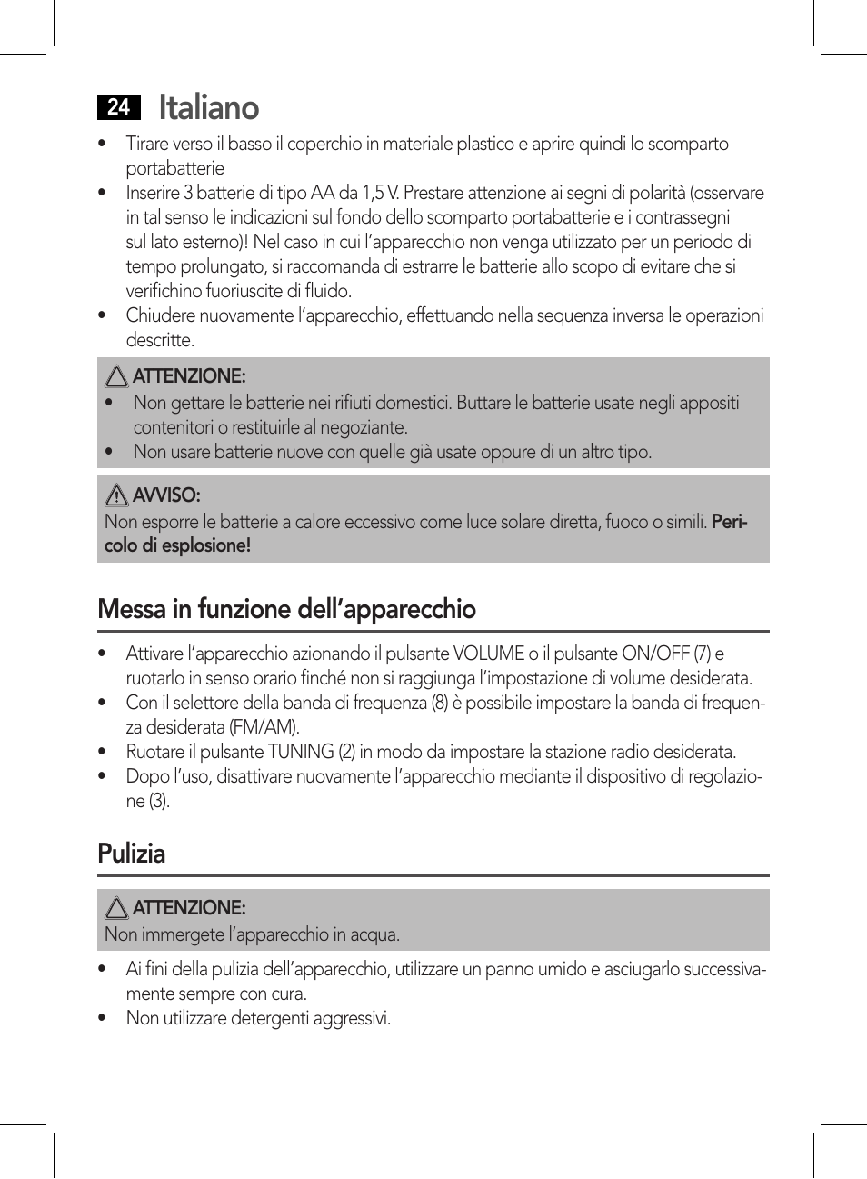 Italiano, Messa in funzione dell’apparecchio, Pulizia | AEG DR 4135 User Manual | Page 24 / 50