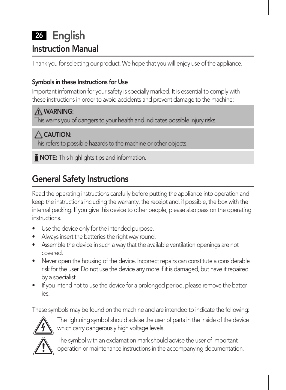 English, Instruction manual, General safety instructions | AEG DR 4135 User Manual | Page 26 / 50