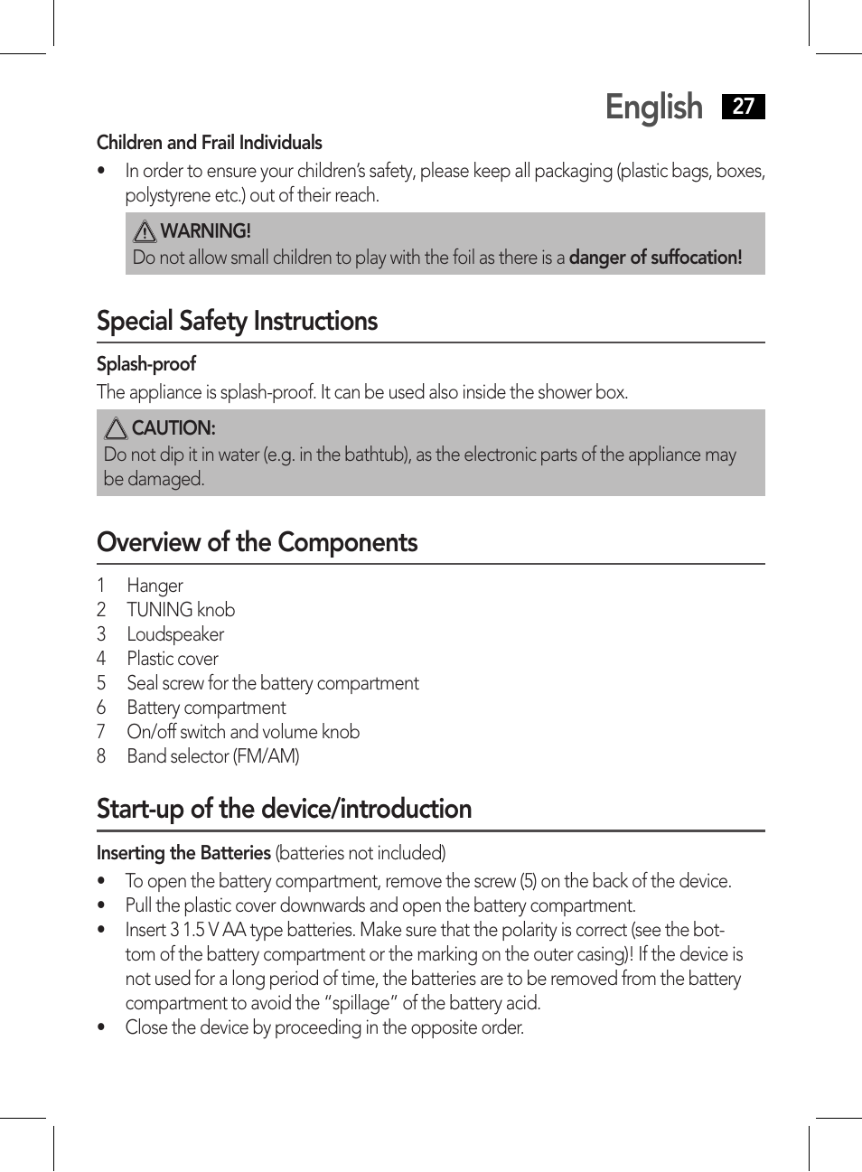 English, Special safety instructions, Overview of the components | Start-up of the device/introduction | AEG DR 4135 User Manual | Page 27 / 50