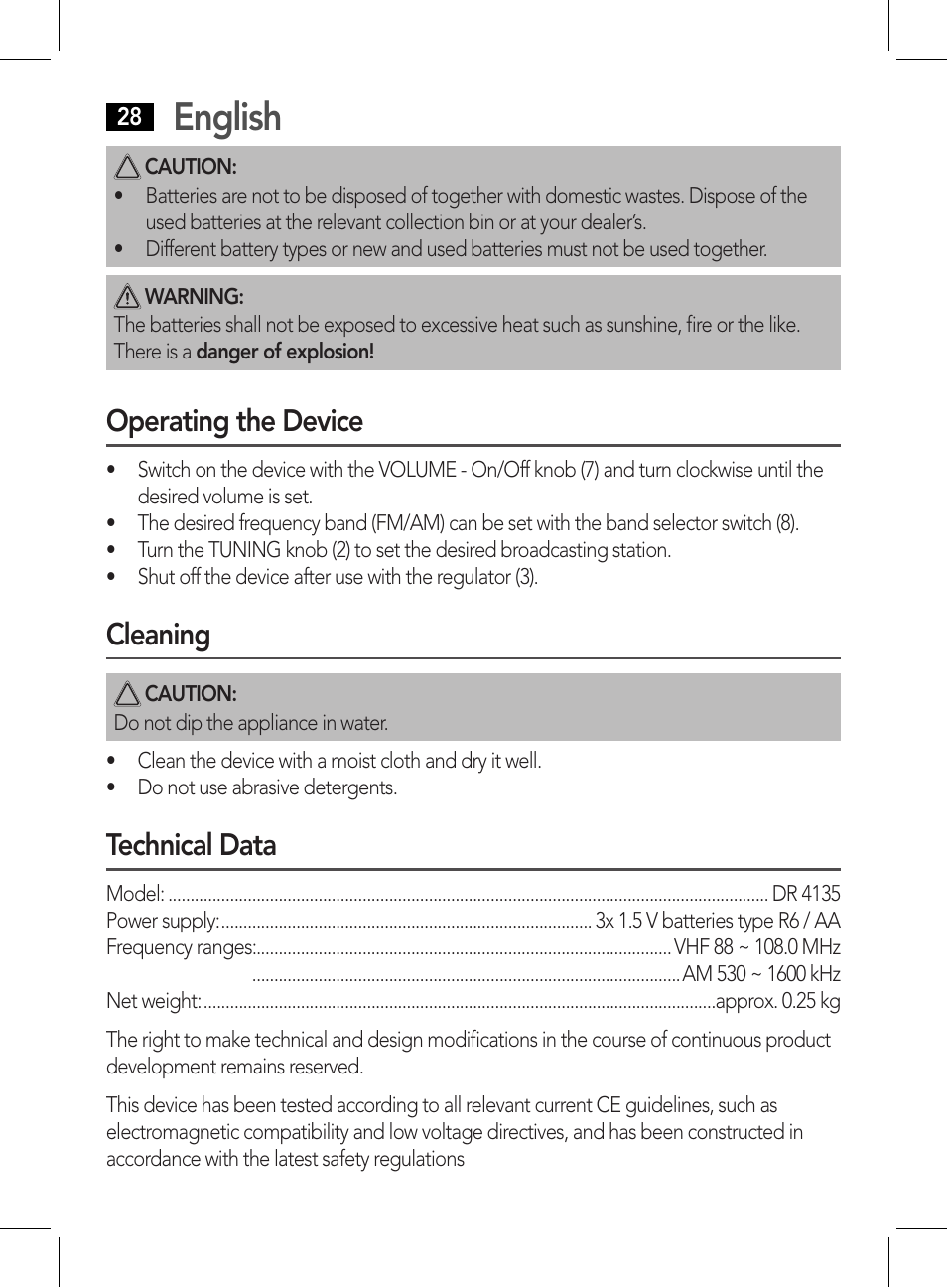 English, Operating the device, Cleaning | Technical data | AEG DR 4135 User Manual | Page 28 / 50