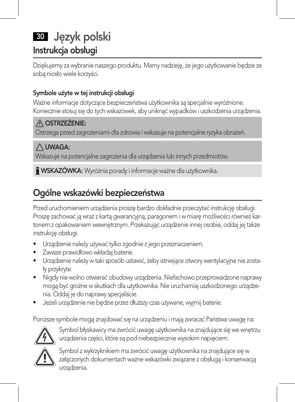 Język polski, Instrukcja obsługi, Ogólne wskazówki bezpieczeństwa | AEG DR 4135 User Manual | Page 30 / 50