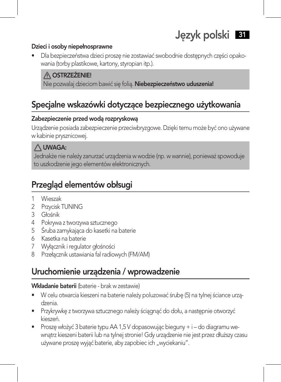 Język polski, Przegląd elementów obłsugi, Uruchomienie urządzenia / wprowadzenie | AEG DR 4135 User Manual | Page 31 / 50