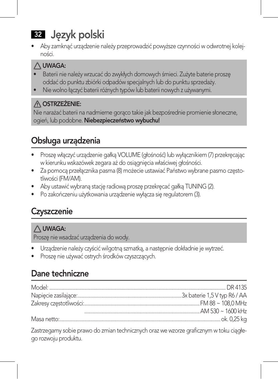 Język polski, Obsługa urządzenia, Czyszczenie | Dane techniczne | AEG DR 4135 User Manual | Page 32 / 50