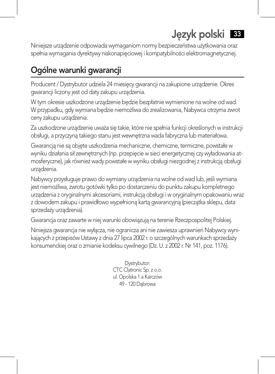 Język polski, Ogólne warunki gwarancji | AEG DR 4135 User Manual | Page 33 / 50