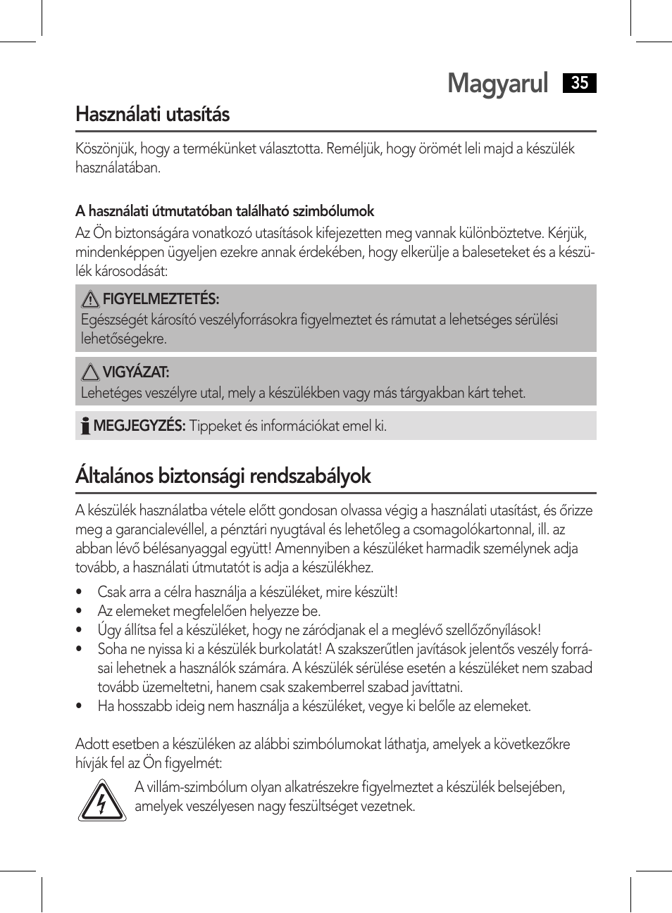 Magyarul, Használati utasítás, Általános biztonsági rendszabályok | AEG DR 4135 User Manual | Page 35 / 50