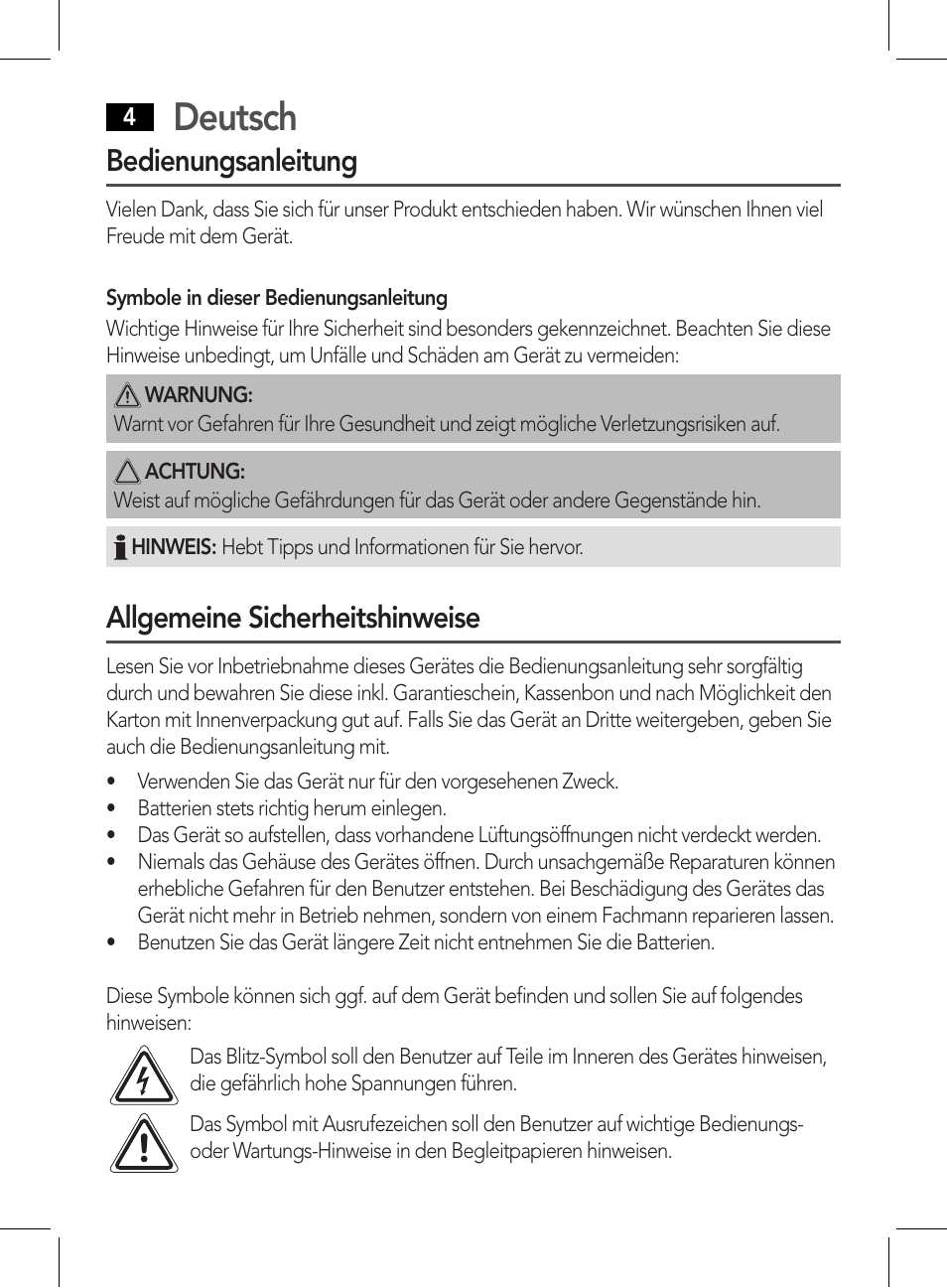 Deutsch, Bedienungsanleitung, Allgemeine sicherheitshinweise | AEG DR 4135 User Manual | Page 4 / 50