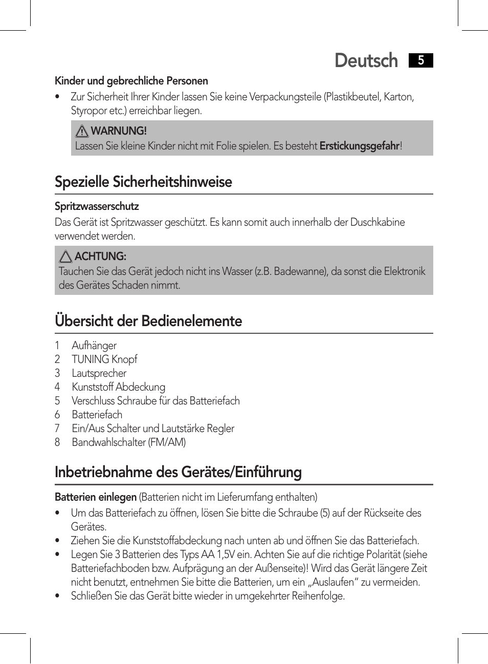 Deutsch, Spezielle sicherheitshinweise, Übersicht der bedienelemente | Inbetriebnahme des gerätes/einführung | AEG DR 4135 User Manual | Page 5 / 50