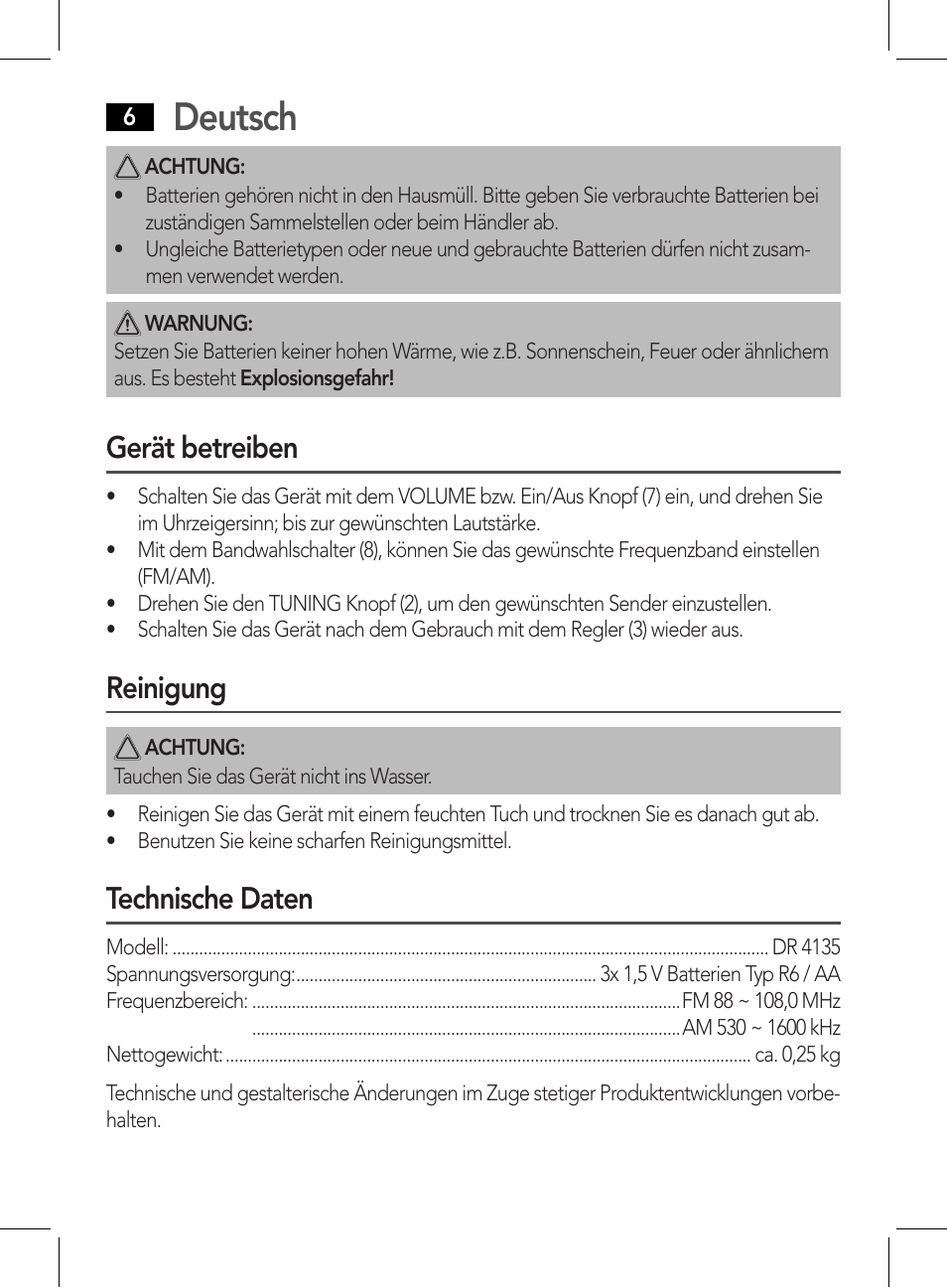 Deutsch, Gerät betreiben, Reinigung | Technische daten | AEG DR 4135 User Manual | Page 6 / 50