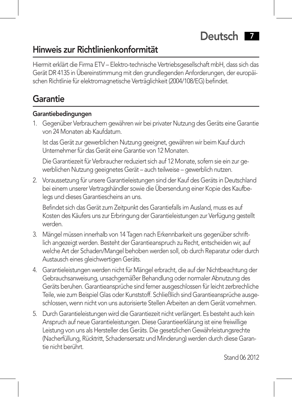 Deutsch, Hinweis zur richtlinienkonformität, Garantie | AEG DR 4135 User Manual | Page 7 / 50