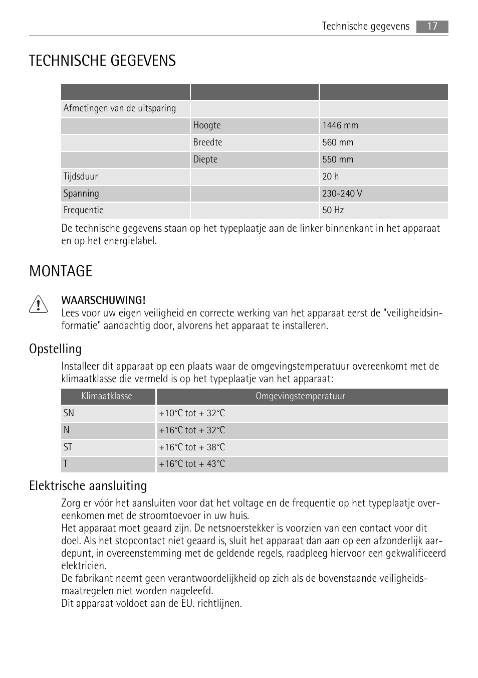 Technische gegevens, Montage, Opstelling | Elektrische aansluiting | AEG SCN91800C1 User Manual | Page 17 / 100