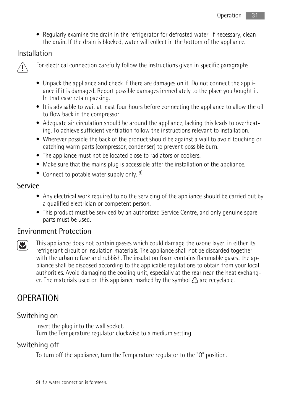 Operation, Installation, Service | Environment protection, Switching on, Switching off | AEG SCN91800C1 User Manual | Page 31 / 100