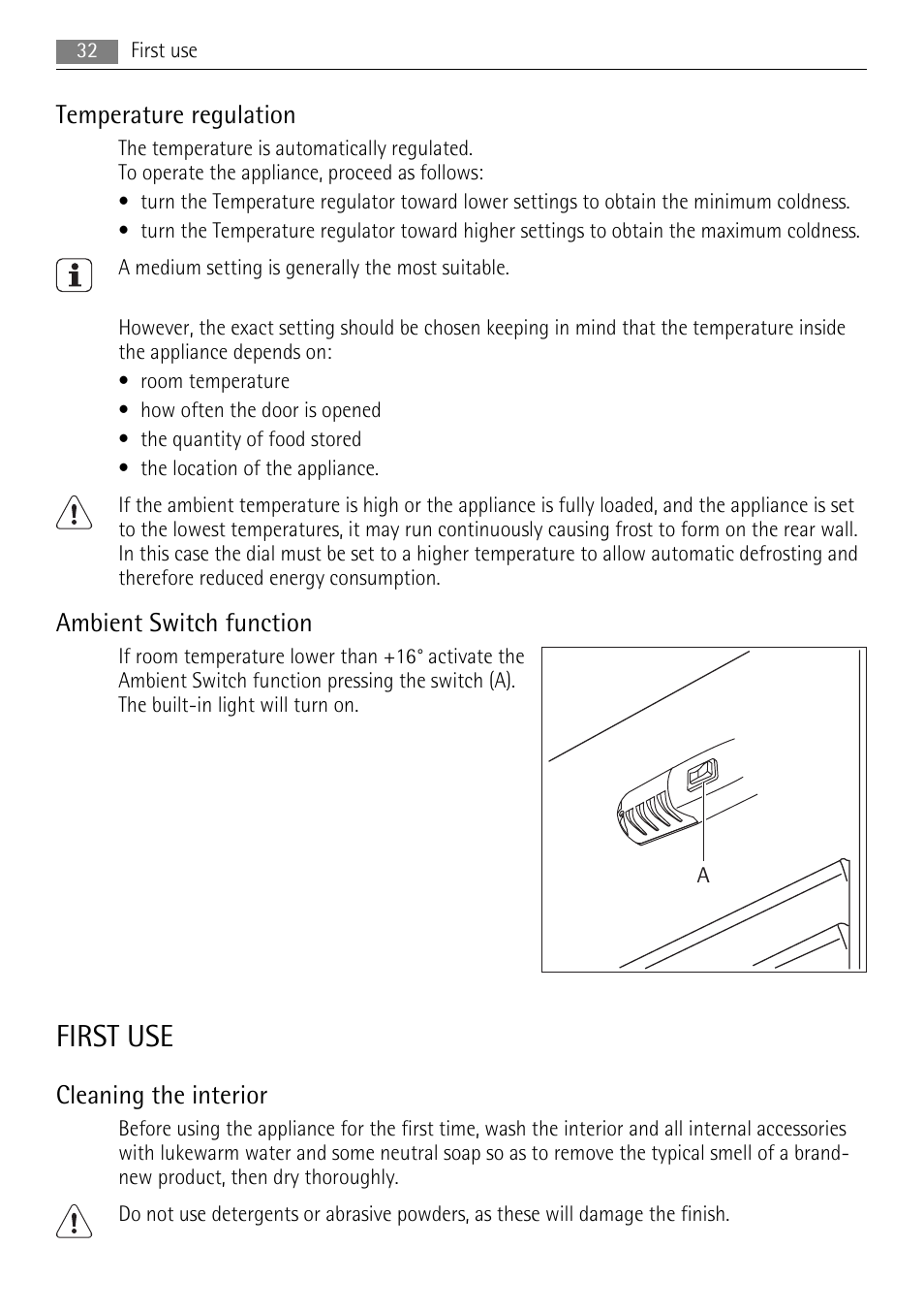 First use, Temperature regulation, Ambient switch function | Cleaning the interior | AEG SCN91800C1 User Manual | Page 32 / 100