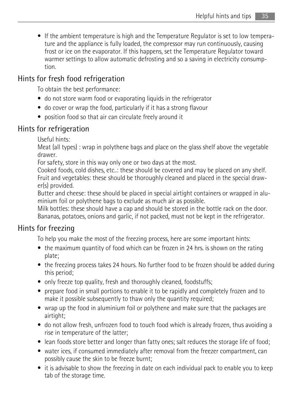 Hints for fresh food refrigeration, Hints for refrigeration, Hints for freezing | AEG SCN91800C1 User Manual | Page 35 / 100