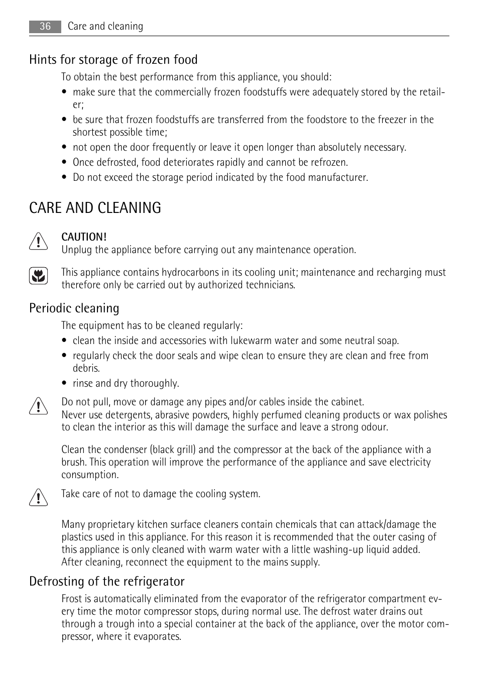 Care and cleaning, Hints for storage of frozen food, Periodic cleaning | Defrosting of the refrigerator | AEG SCN91800C1 User Manual | Page 36 / 100