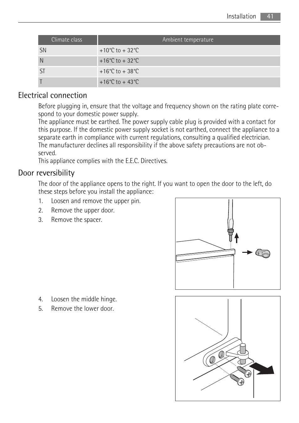 Electrical connection, Door reversibility | AEG SCN91800C1 User Manual | Page 41 / 100