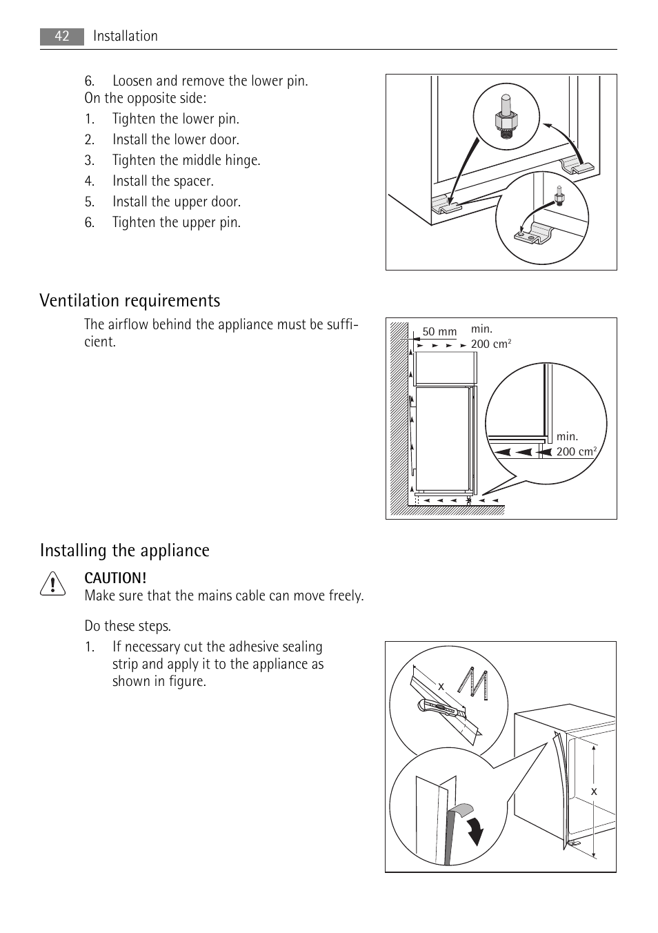 Ventilation requirements, Installing the appliance | AEG SCN91800C1 User Manual | Page 42 / 100