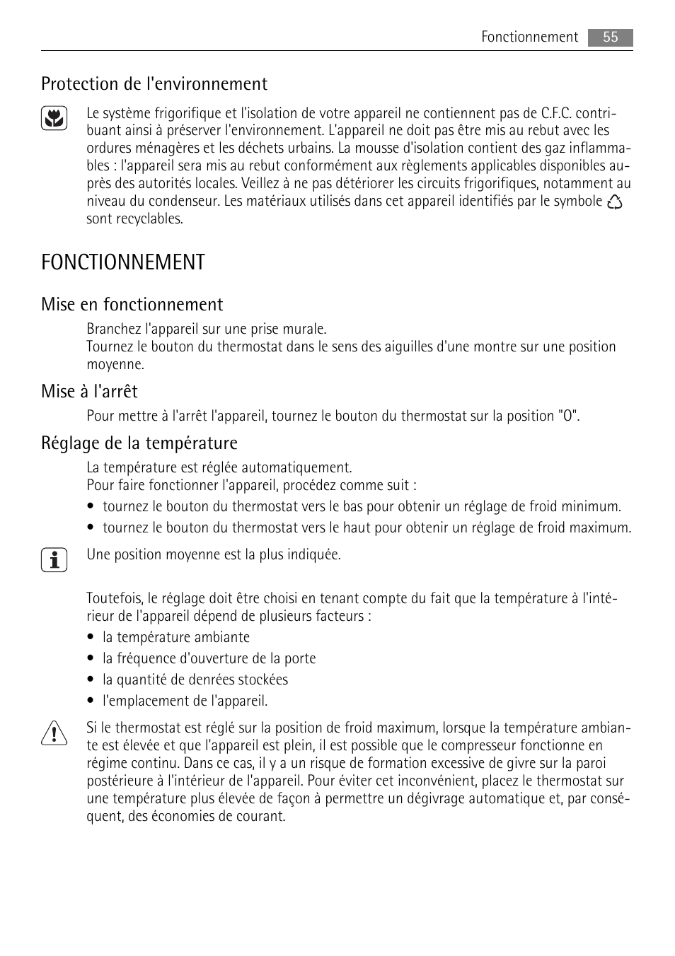 Fonctionnement, Protection de l'environnement, Mise en fonctionnement | Mise à l'arrêt, Réglage de la température | AEG SCN91800C1 User Manual | Page 55 / 100