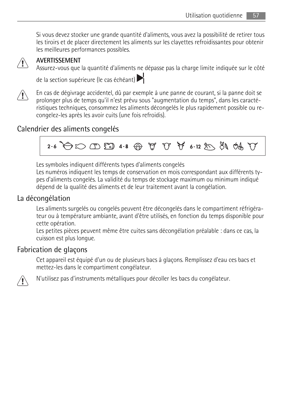 Calendrier des aliments congelés, La décongélation, Fabrication de glaçons | AEG SCN91800C1 User Manual | Page 57 / 100