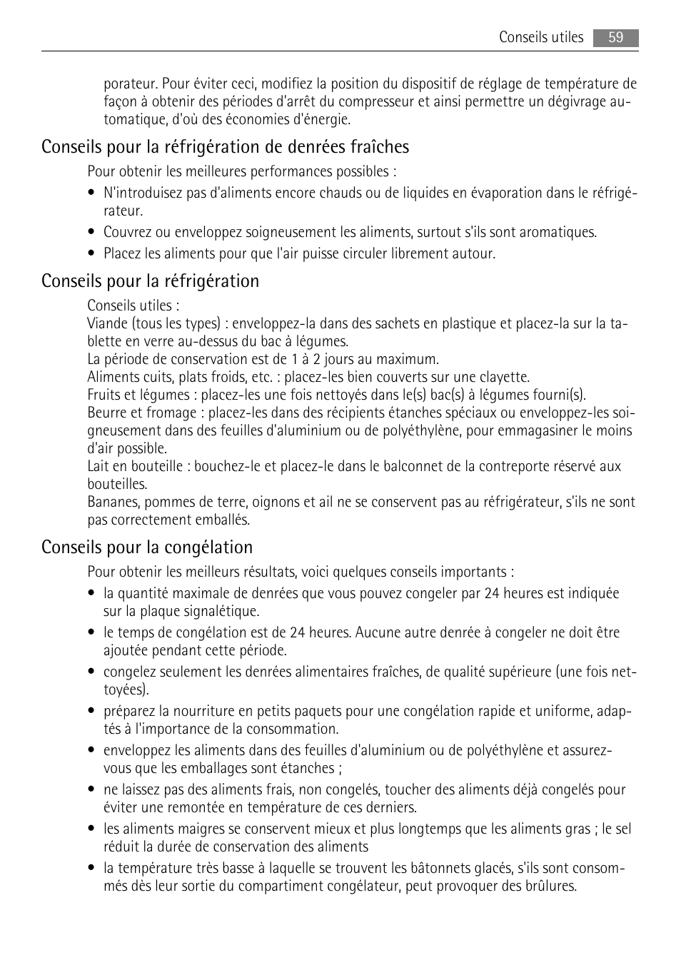 Conseils pour la réfrigération de denrées fraîches, Conseils pour la réfrigération, Conseils pour la congélation | AEG SCN91800C1 User Manual | Page 59 / 100