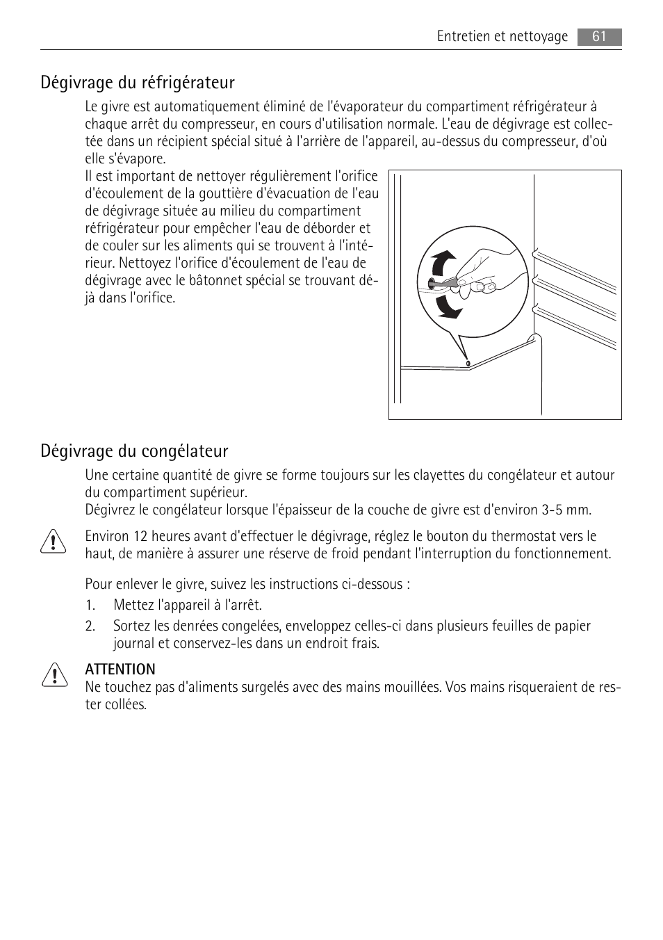 Dégivrage du réfrigérateur, Dégivrage du congélateur | AEG SCN91800C1 User Manual | Page 61 / 100