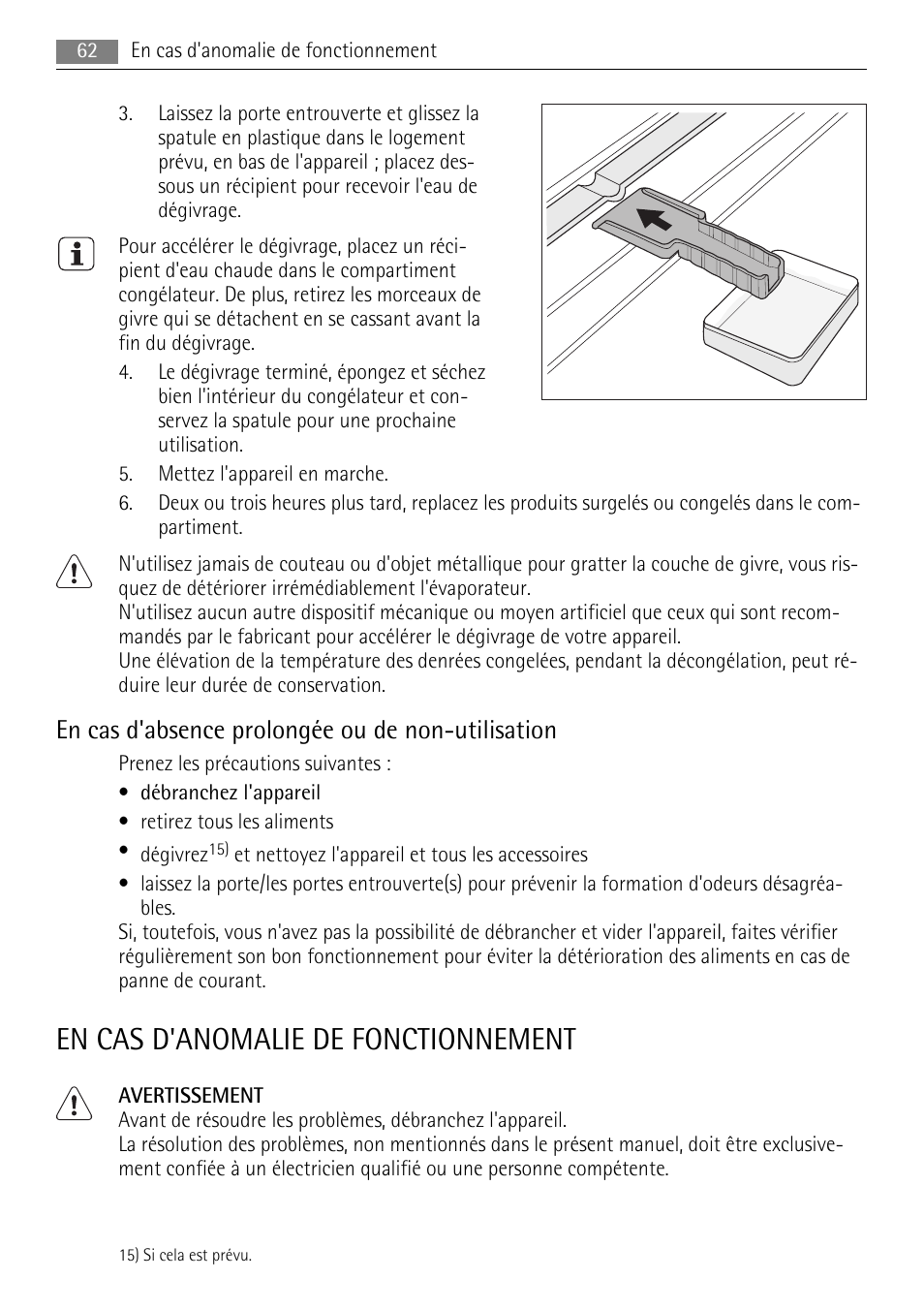 En cas d'anomalie de fonctionnement, En cas d'absence prolongée ou de non-utilisation | AEG SCN91800C1 User Manual | Page 62 / 100