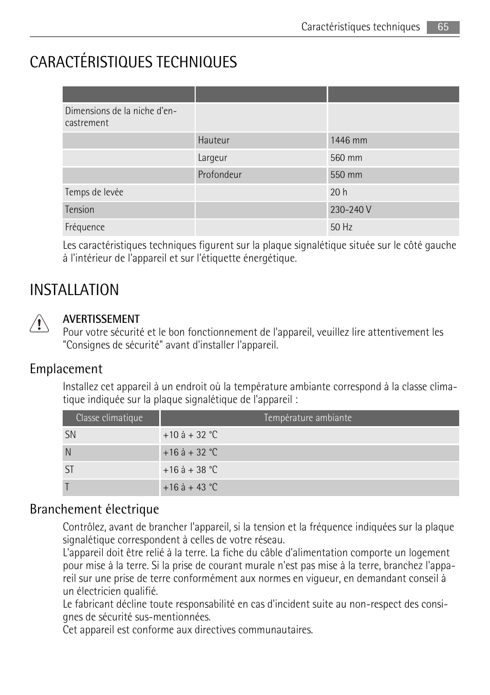 Caractéristiques techniques, Installation, Emplacement | Branchement électrique | AEG SCN91800C1 User Manual | Page 65 / 100