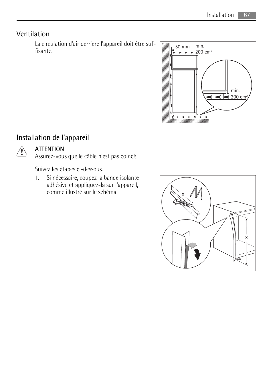 Ventilation, Installation de l'appareil | AEG SCN91800C1 User Manual | Page 67 / 100