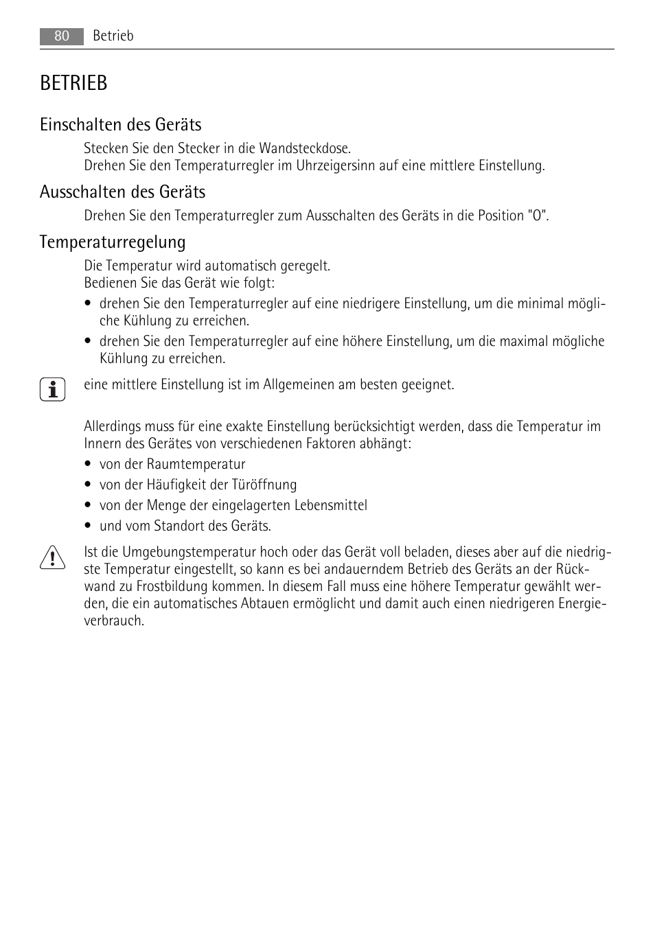 Betrieb, Einschalten des geräts, Ausschalten des geräts | Temperaturregelung | AEG SCN91800C1 User Manual | Page 80 / 100