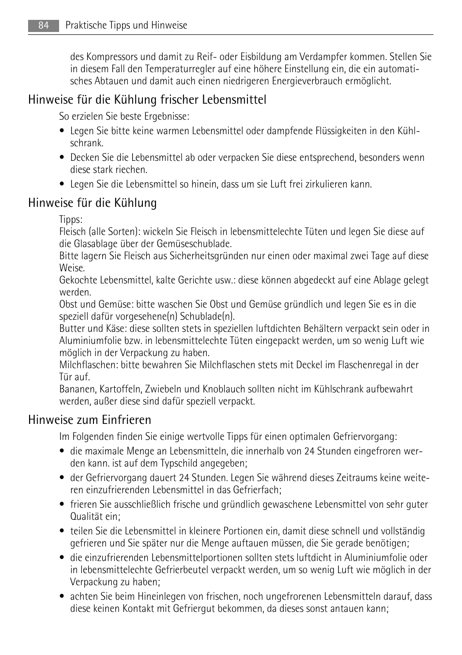 Hinweise für die kühlung frischer lebensmittel, Hinweise für die kühlung, Hinweise zum einfrieren | AEG SCN91800C1 User Manual | Page 84 / 100