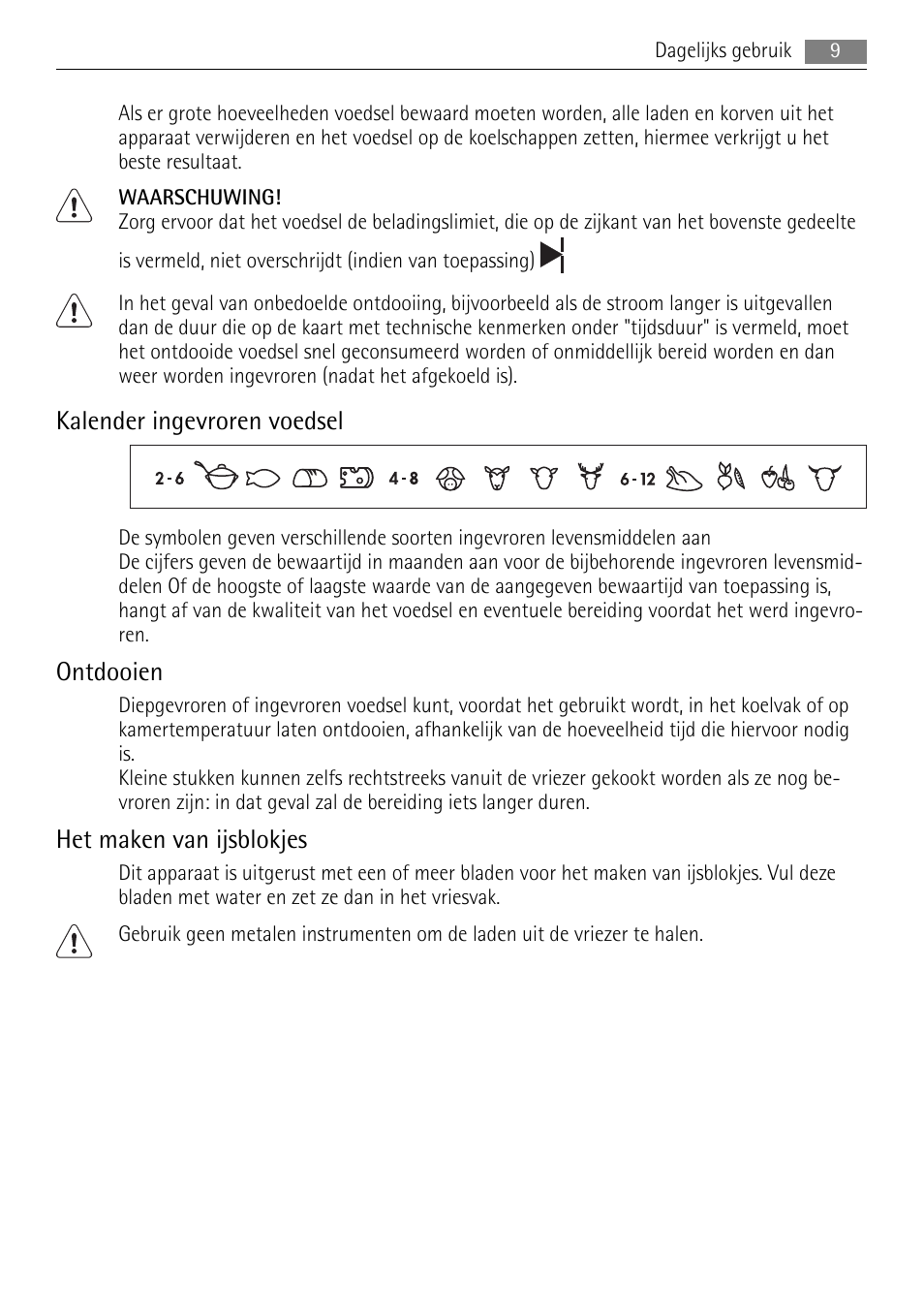 Kalender ingevroren voedsel, Ontdooien, Het maken van ijsblokjes | AEG SCN91800C1 User Manual | Page 9 / 100