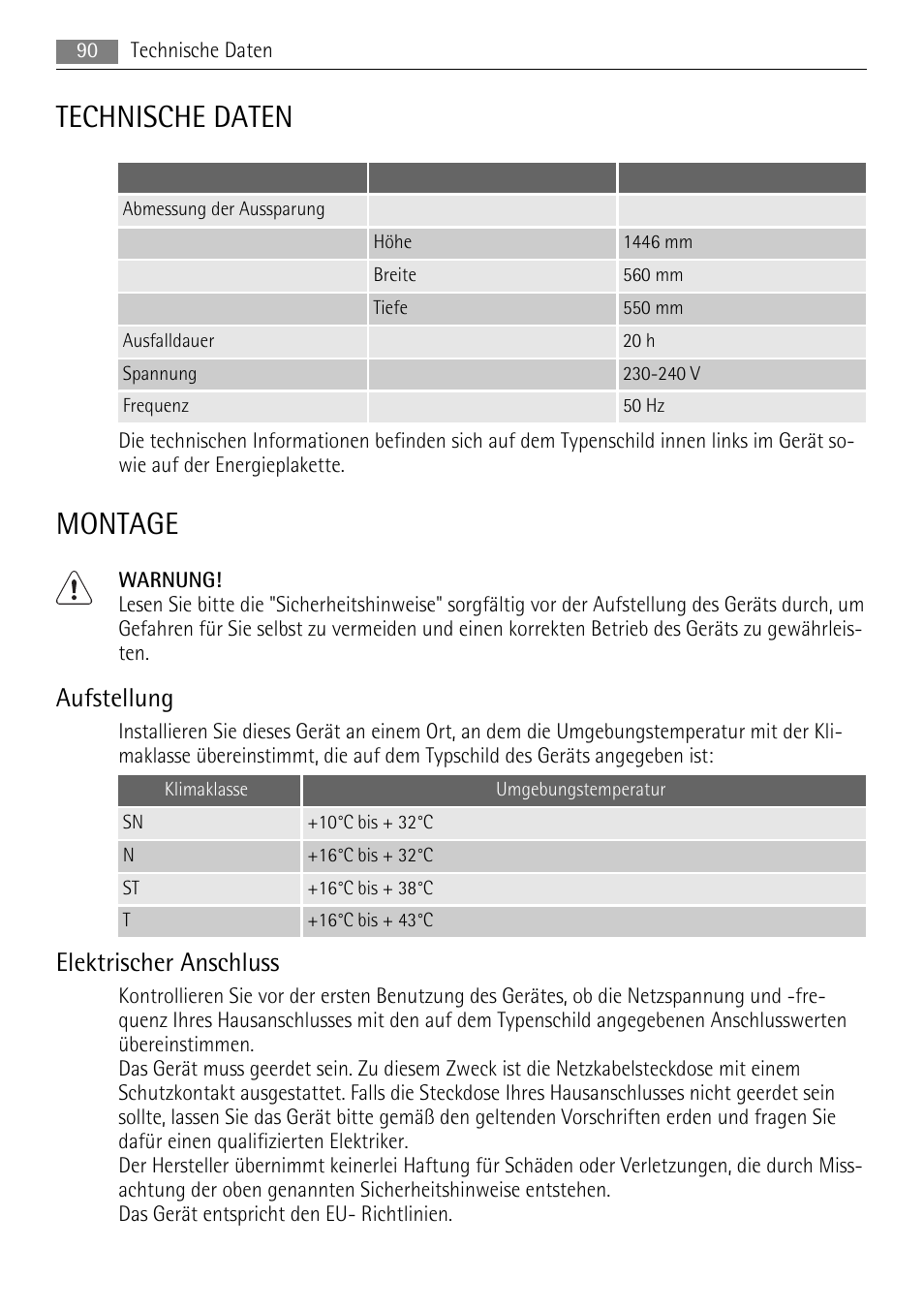 Technische daten, Montage, Aufstellung | Elektrischer anschluss | AEG SCN91800C1 User Manual | Page 90 / 100