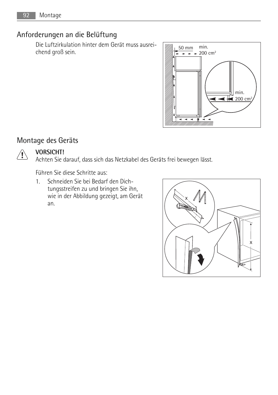 Anforderungen an die belüftung, Montage des geräts | AEG SCN91800C1 User Manual | Page 92 / 100