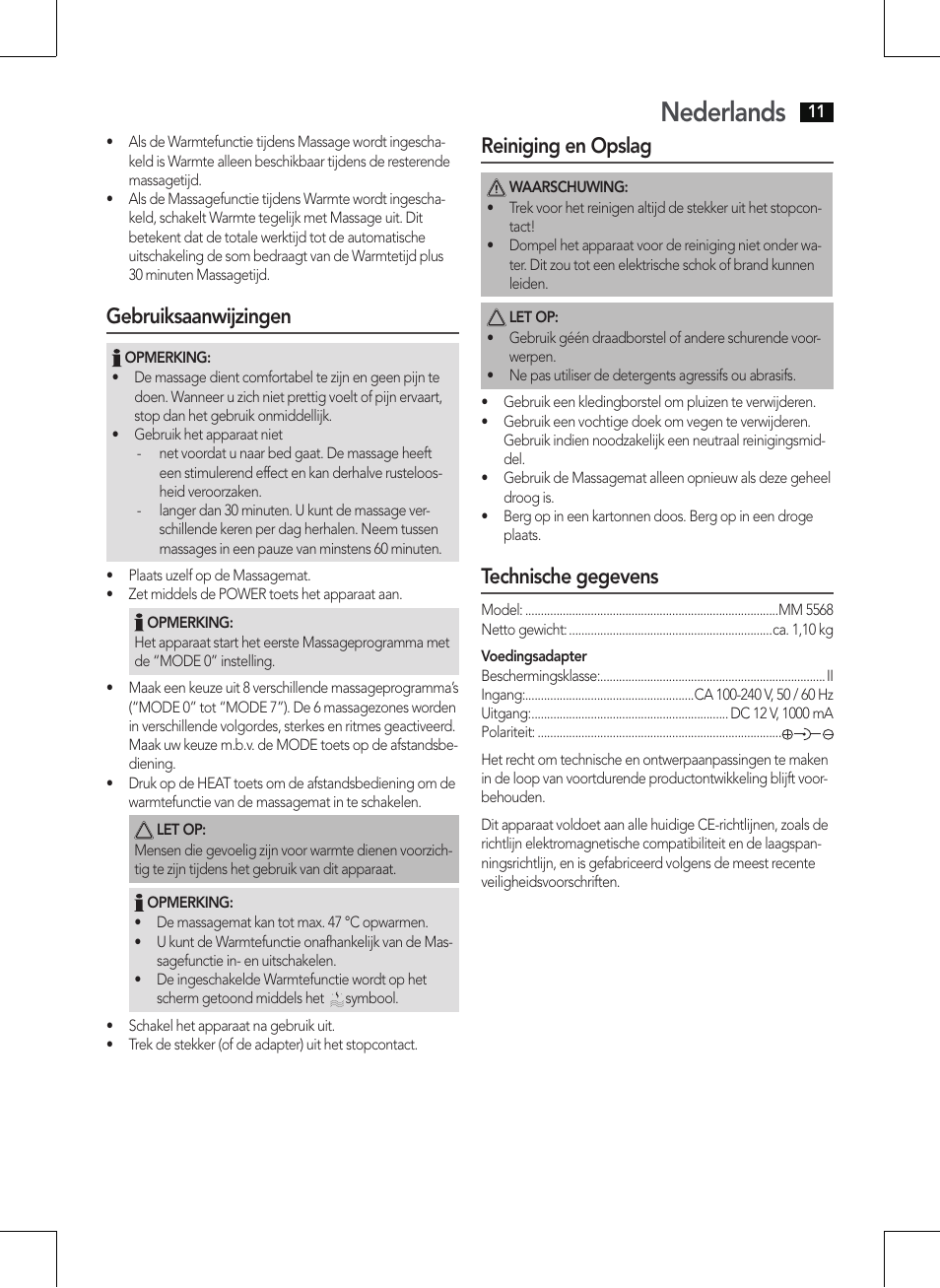 Nederlands, Gebruiksaanwijzingen, Reiniging en opslag | Technische gegevens | AEG MM 5568 User Manual | Page 11 / 56