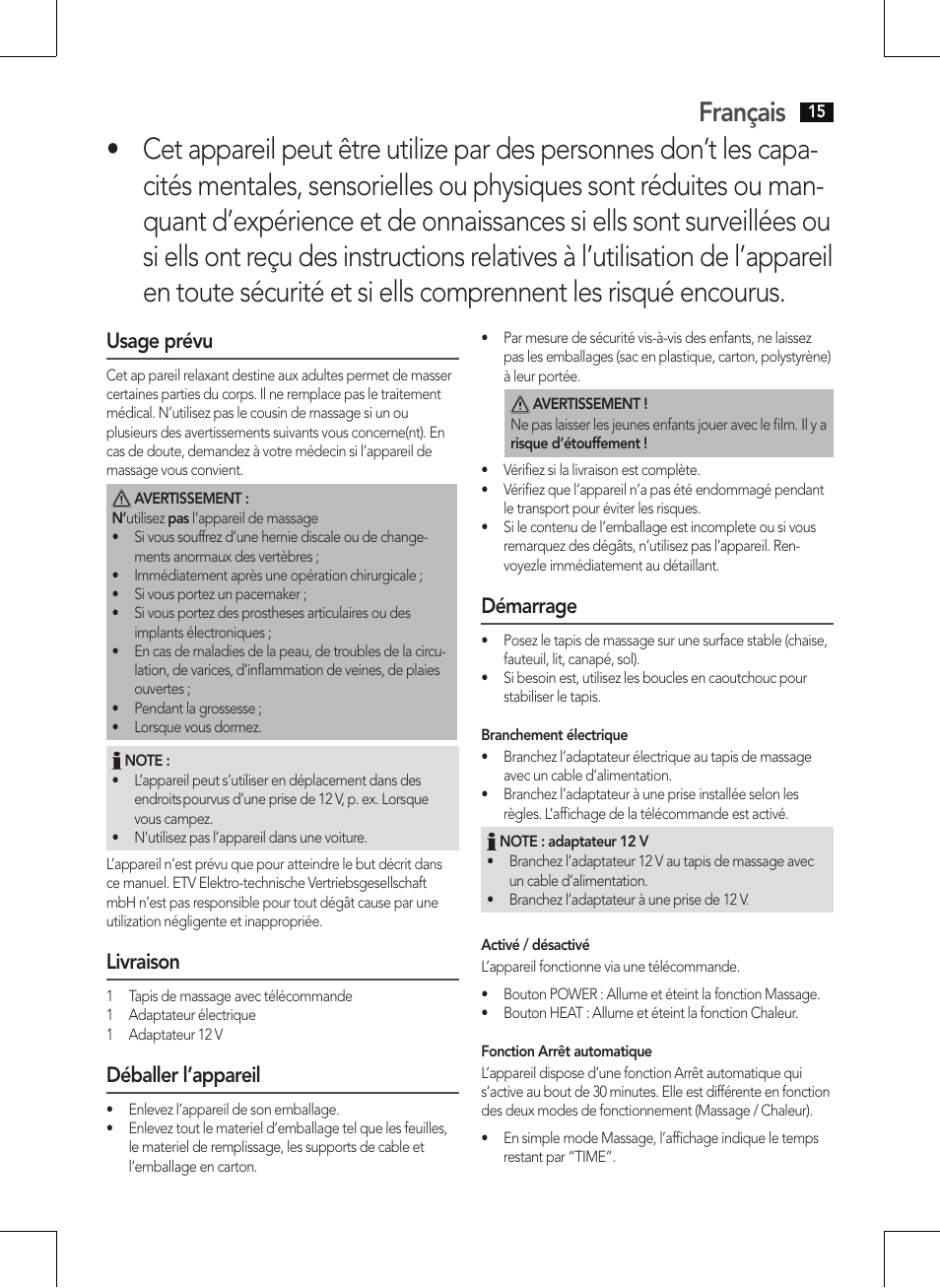 Français, Usage prévu, Livraison | Déballer l’appareil, Démarrage | AEG MM 5568 User Manual | Page 15 / 56